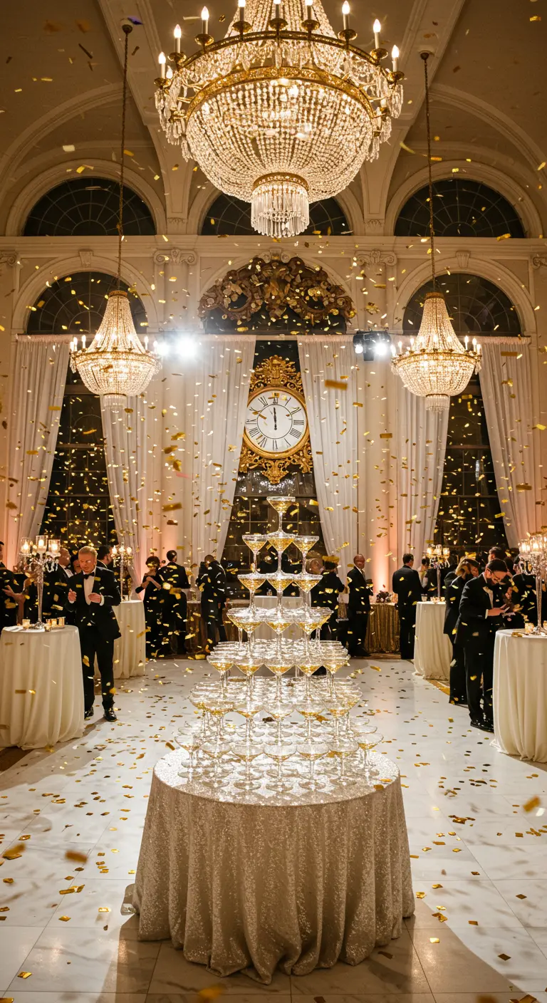 A grand ballroom with chandeliers during a party with a champagne tower and falling gold confetti.