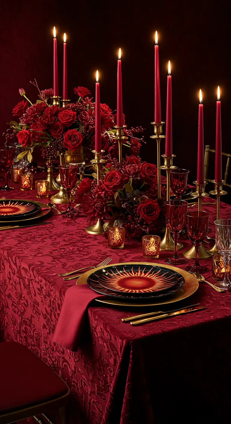 An opulent, all-red Art Deco table with red roses, candles, and sunburst plates.