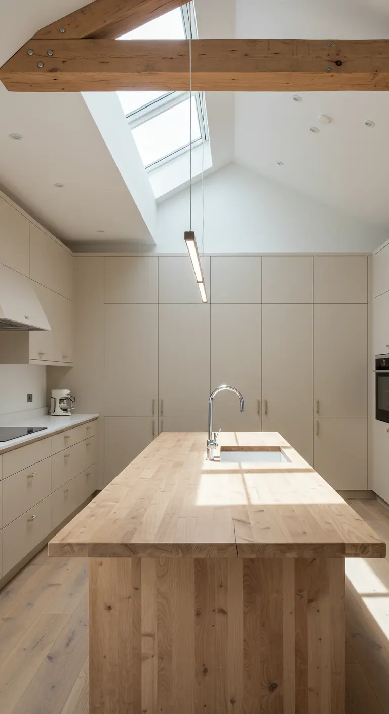Minimalist kitchen with a light wood island, vaulted ceiling, and long linear pendant.