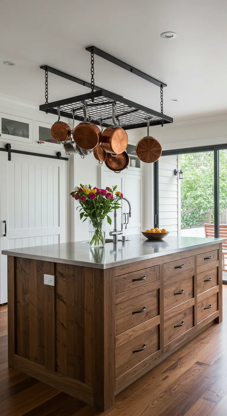 Kitchen with a large wood island featuring a hanging black metal pot rack with copper pans.