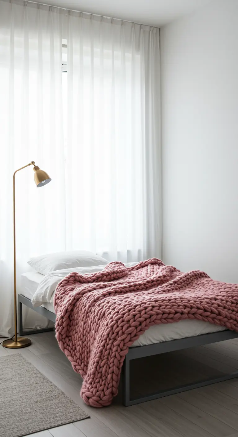 A bed with a large, chunky pink knit blanket in a minimal room.