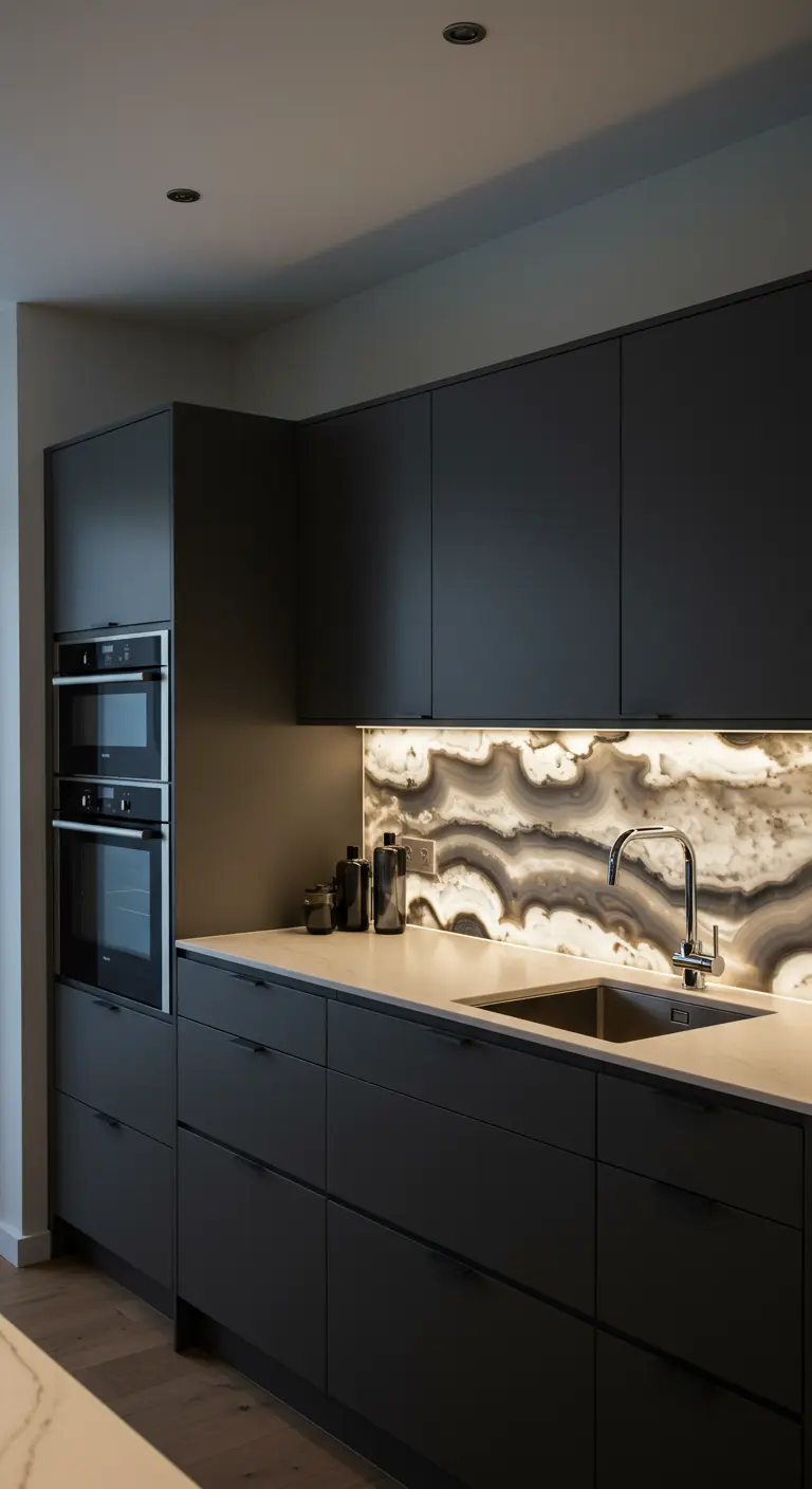 A dark grey kitchen featuring a stunning backlit agate slab backsplash that glows with warm light.
