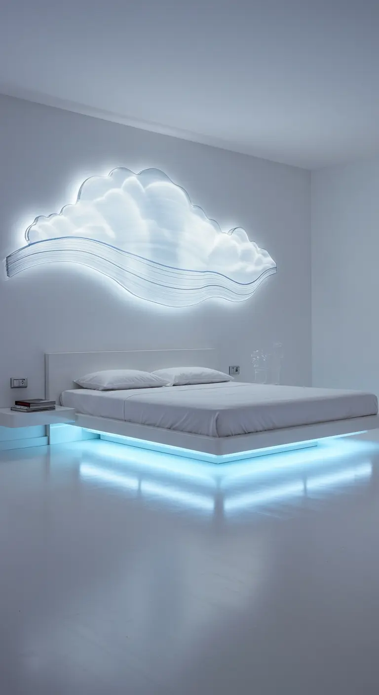 A futuristic white bedroom featuring a large, illuminated cloud sculpture on the wall.
