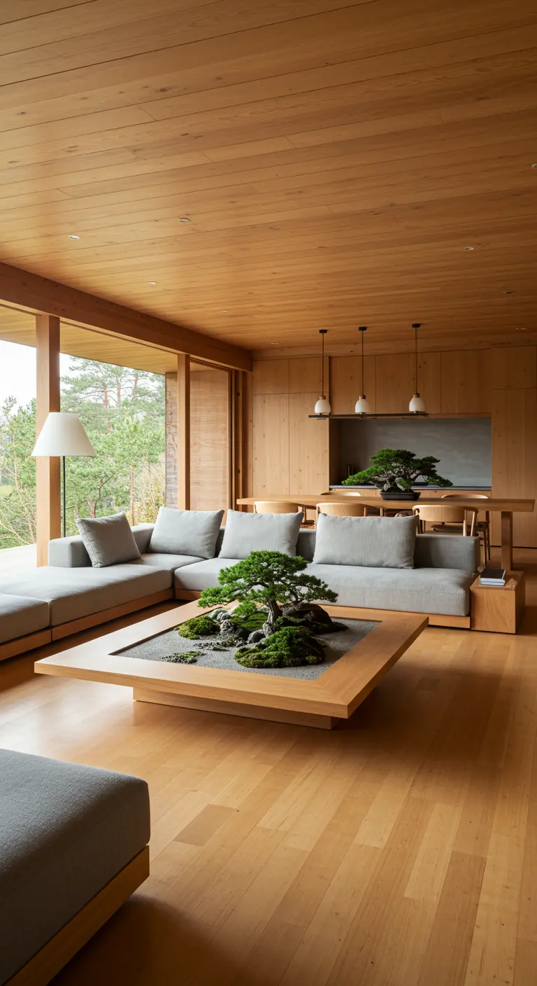 A large wood coffee table with a recessed center designed as a miniature zen garden with a bonsai.