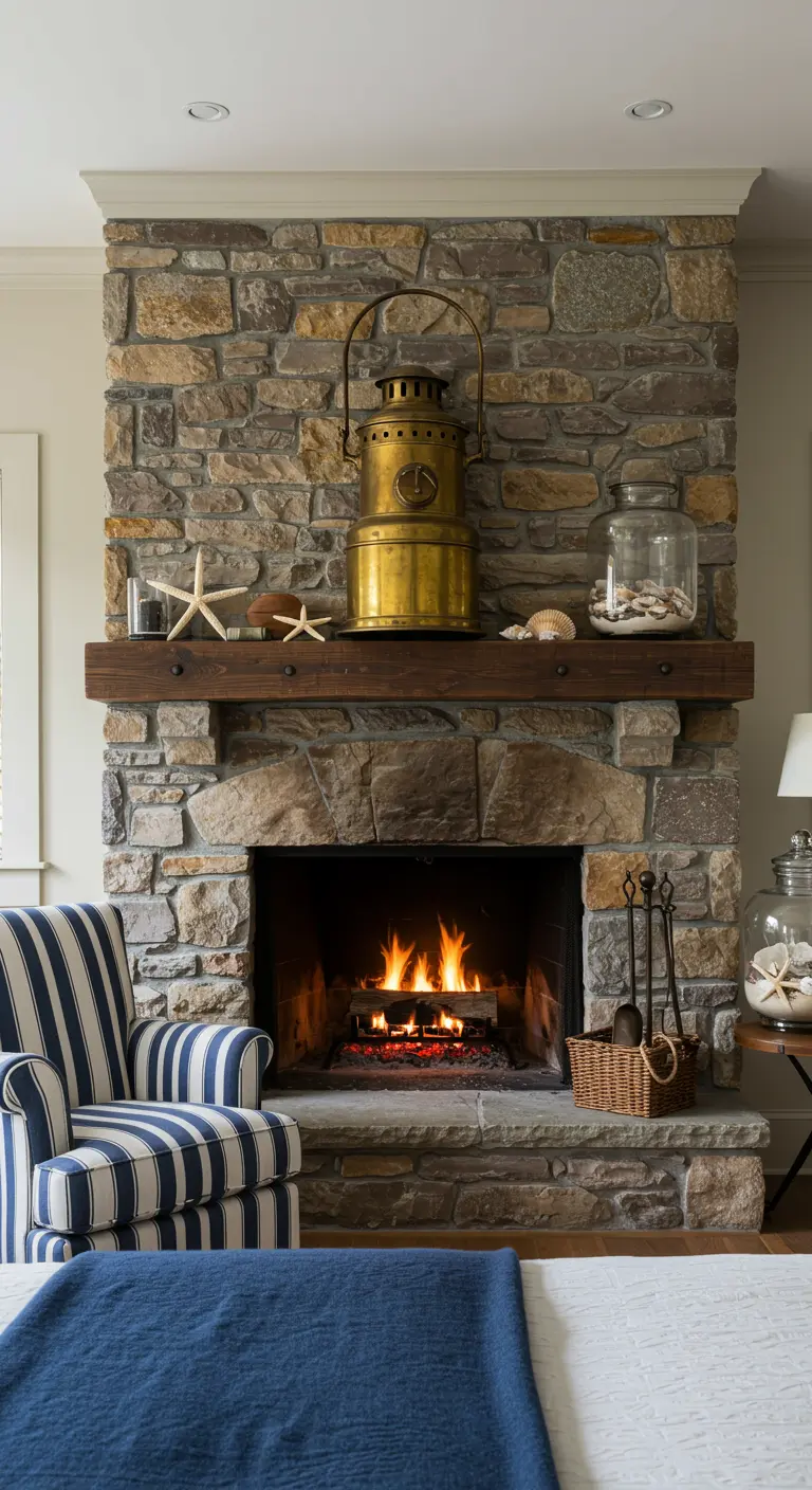 Stone fireplace in a bedroom decorated with a large brass lantern and seashells on the mantel.