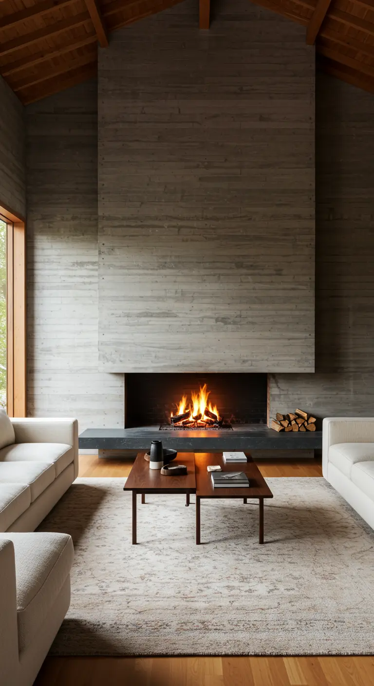 A living room with a massive board-formed concrete fireplace and neutral sofas.