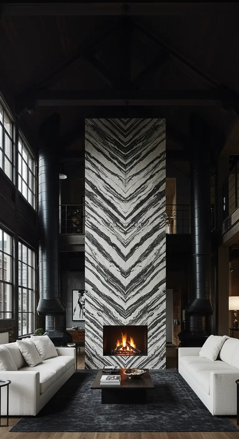 Double-height loft with a towering fireplace clad in chevron-patterned black and white marble.