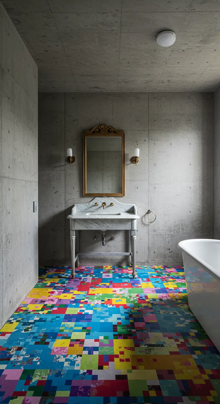 Minimalist concrete bathroom with an extremely colorful, pixelated-style tile floor.