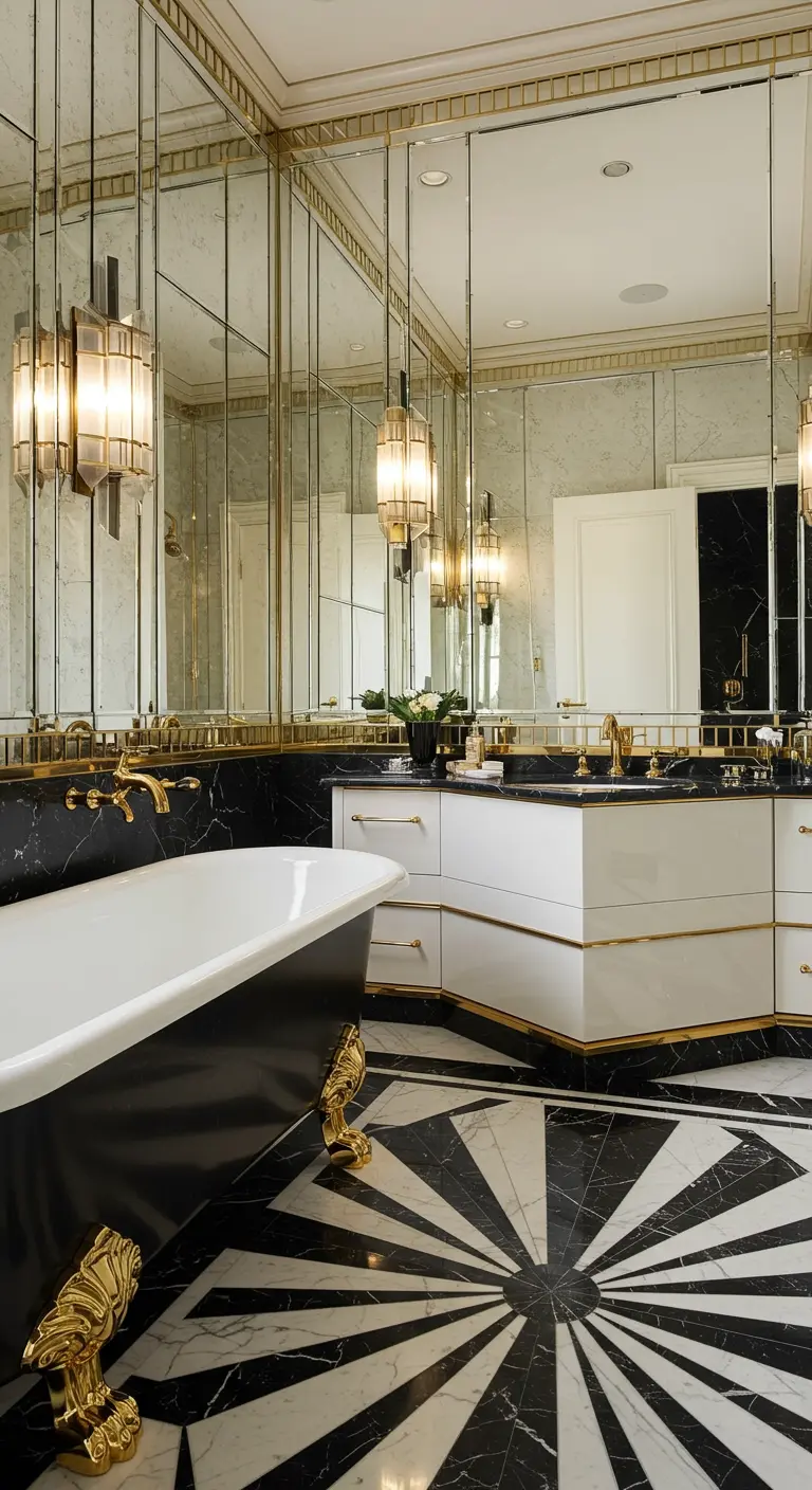 Black and white bathroom with a dramatic starburst pattern marble floor.
