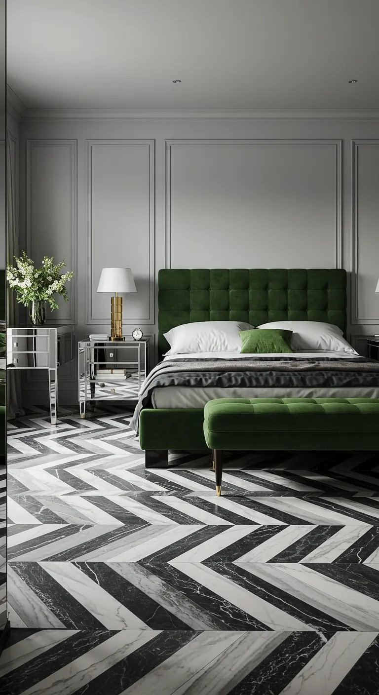 Bedroom with a dramatic black, white, and grey chevron marble floor and a green tufted bed.