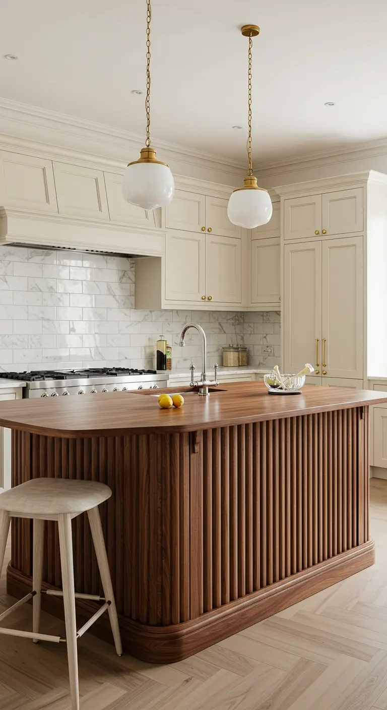 Creamy white kitchen with a curved, fluted dark walnut island.