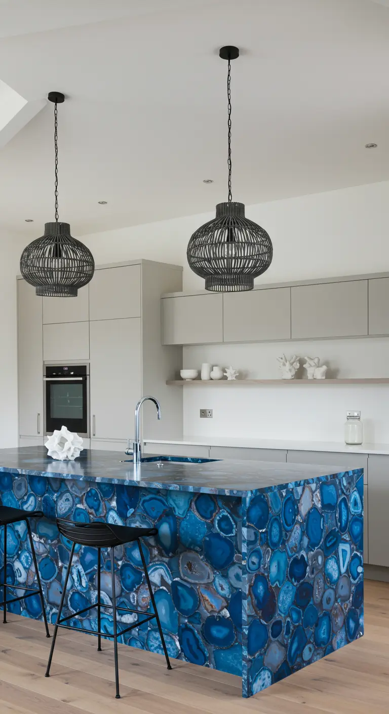 A kitchen island is fully clad in a striking blue agate slab, with black pendants above.