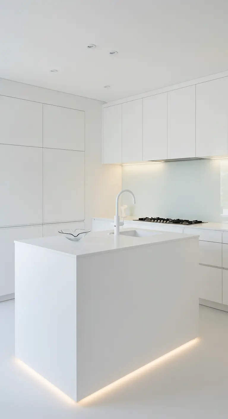 An all-white kitchen island with a glowing LED light strip around its base.