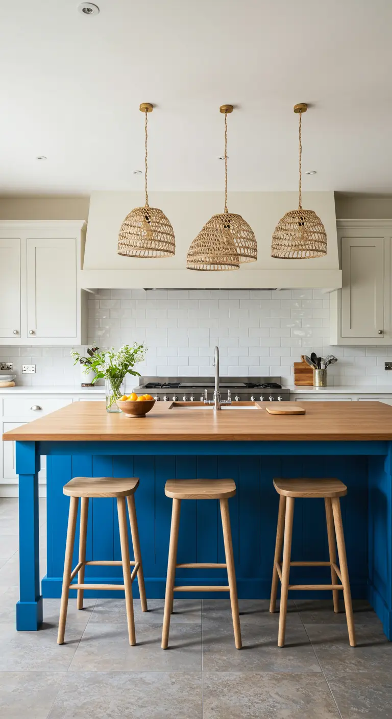 Kitchen with a bright blue island, wood countertop, and three woven pendants.