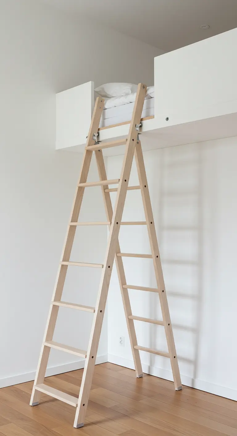 A light wood A-frame ladder leading up to a white loft bed in a minimalist room.