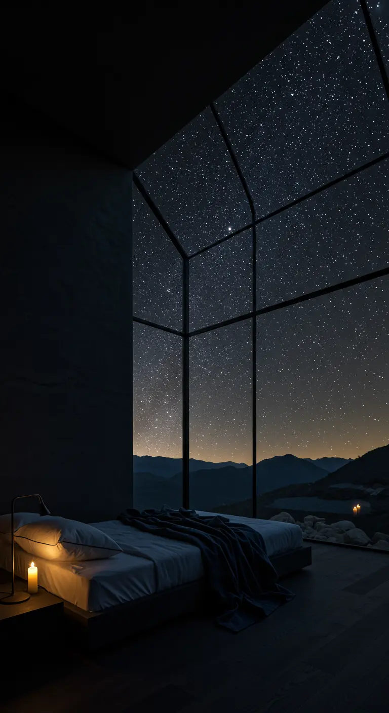 A minimalist bedroom with a glass ceiling showing a clear, starry night sky.