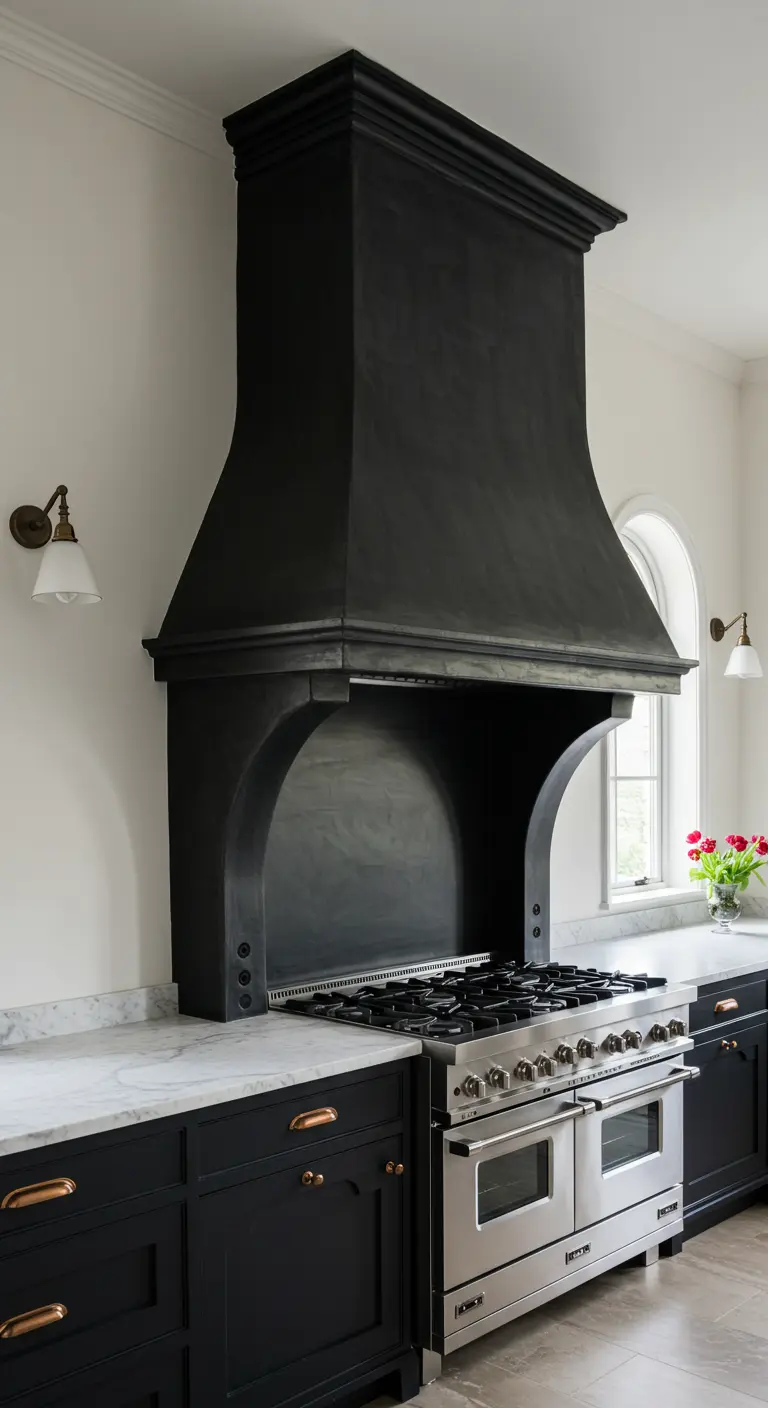 A massive, sculptural matte black range hood serves as the focal point in a kitchen.
