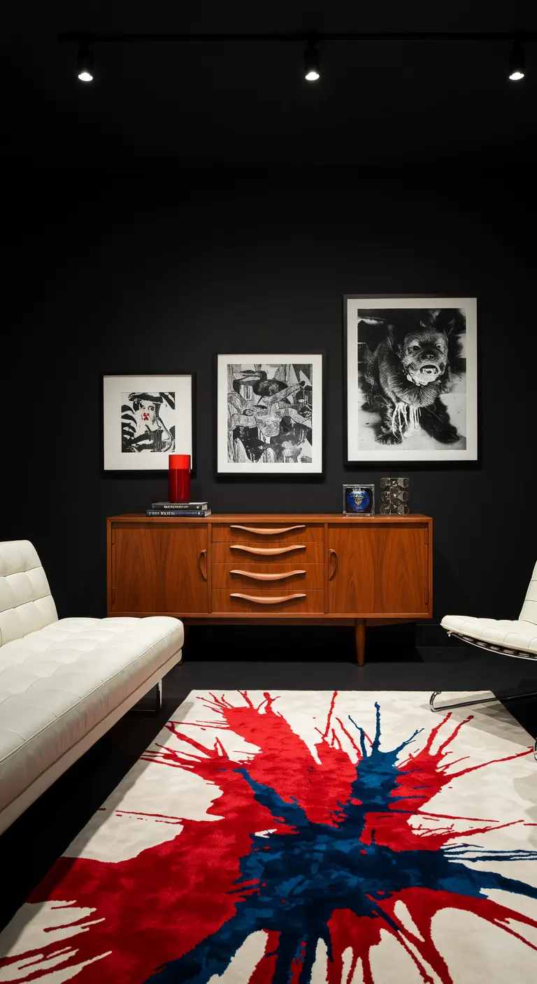 A room with black walls, a white sofa, and a vibrant red and blue splatter-paint rug.
