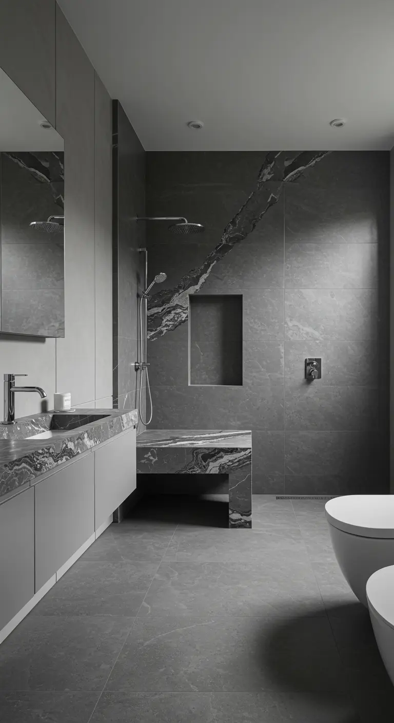 Gray marble bathroom where a single dark vein connects the vanity to the shower bench.