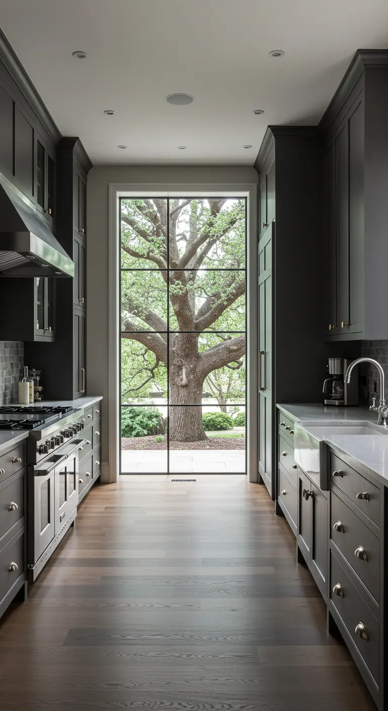 Symmetrical gray kitchen cabinets perfectly frame a large picture window overlooking a lush tree.