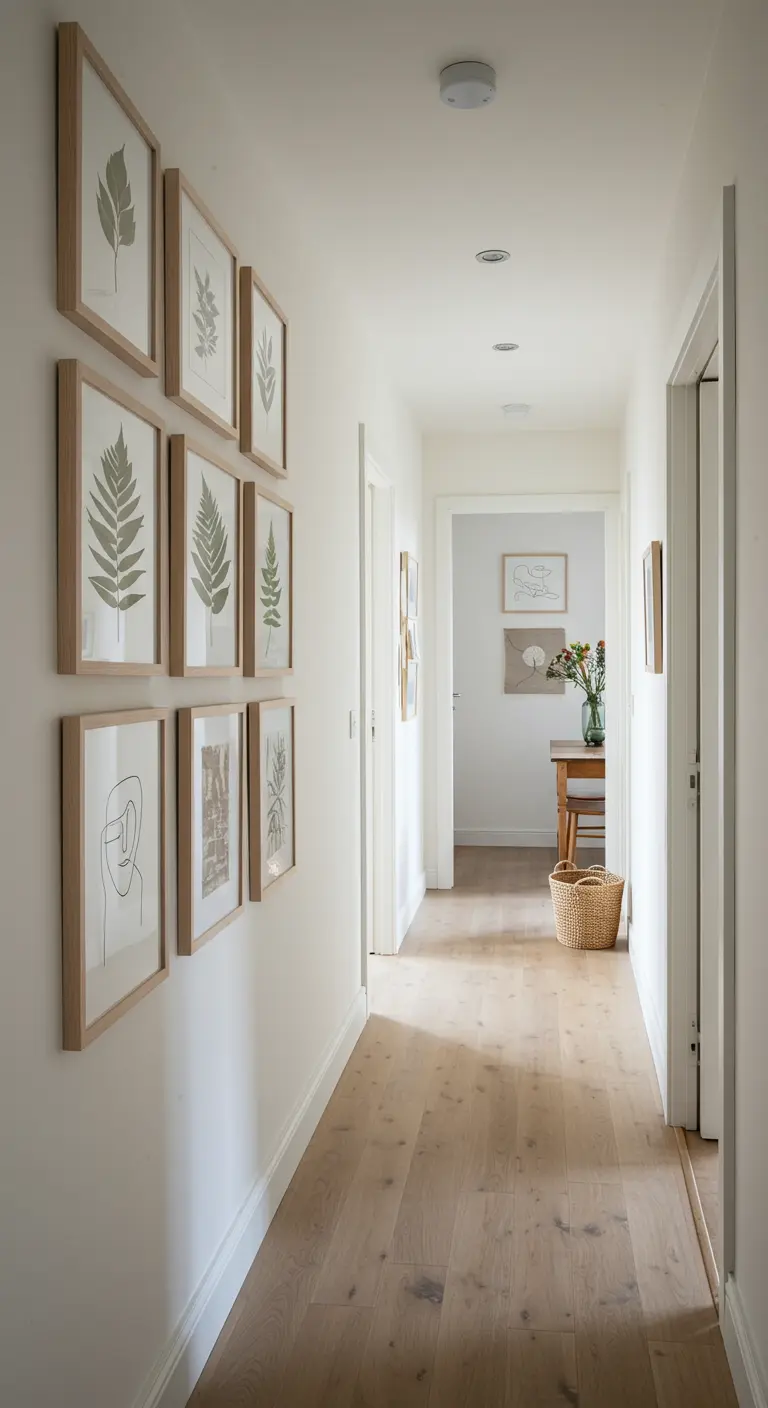 A hallway gallery wall with nine matching light wood frames holding botanical art.