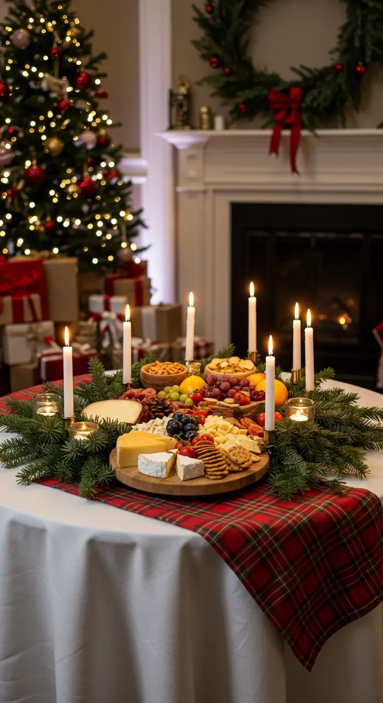 A round wooden cheese board laden with snacks sits on a plaid cloth, surrounded by pine.