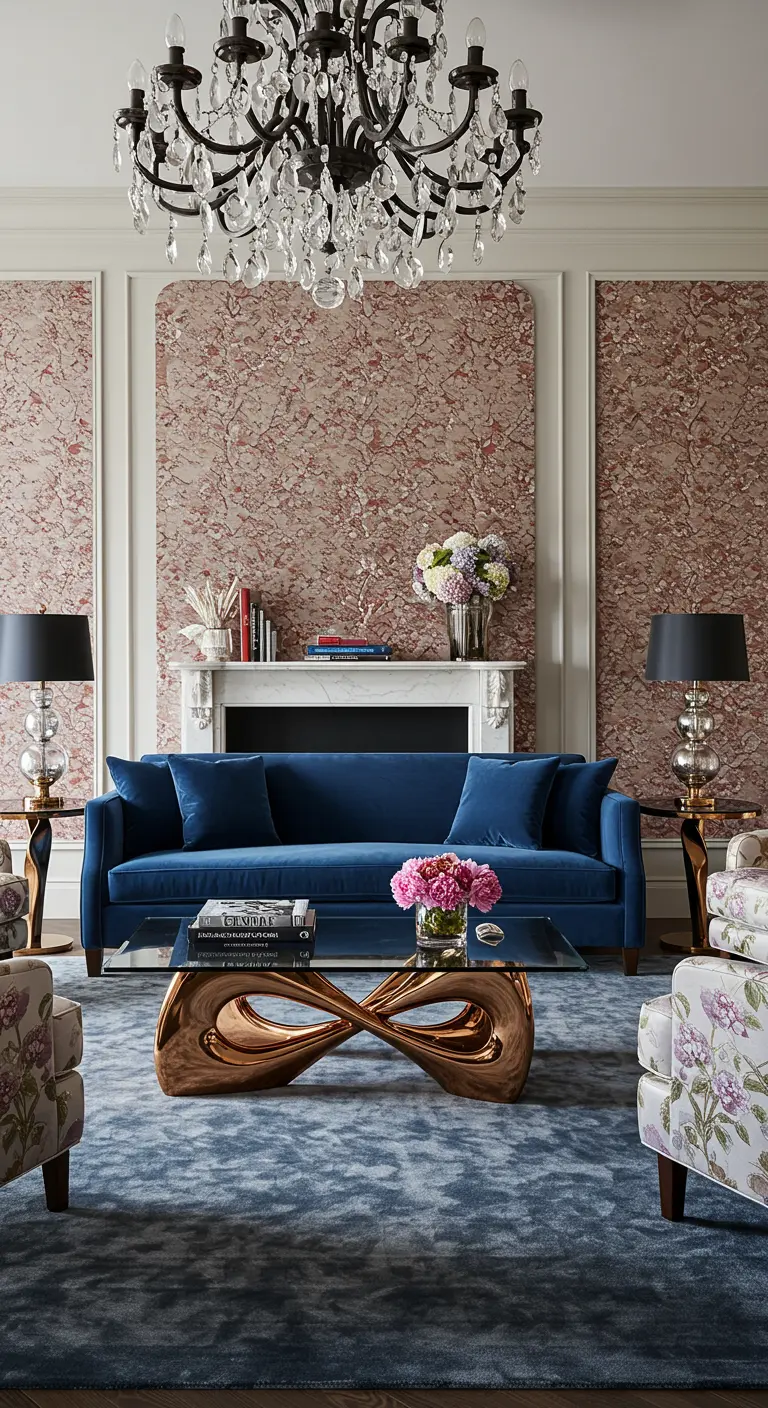 Living room with a blue velvet sofa and a striking rose gold infinity-shaped coffee table.