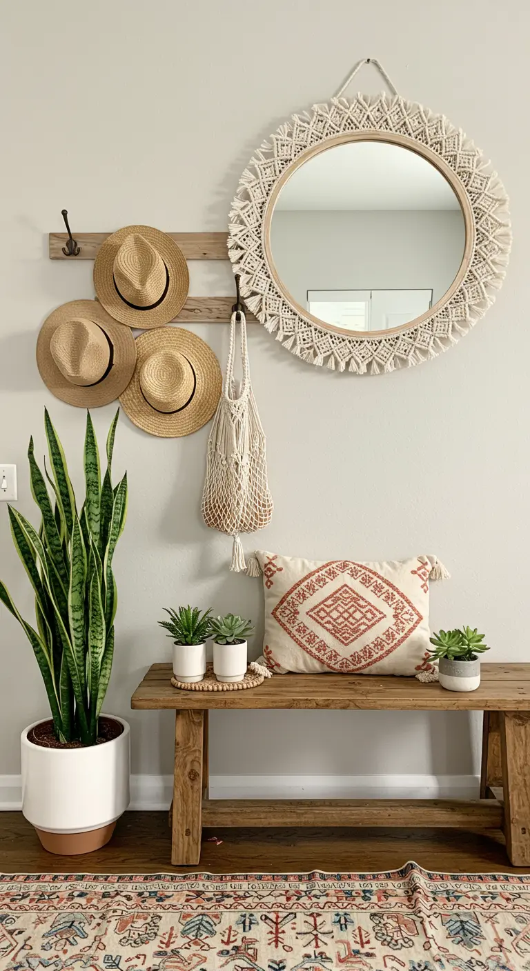 Entryway with a macrame-framed mirror, wooden bench, and a snake plant.