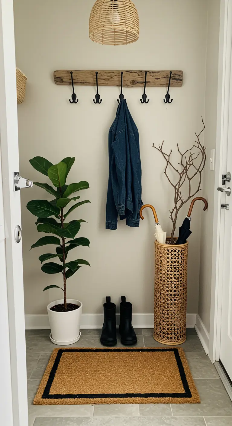 A small entryway with a wood plank coat rack, a rattan umbrella stand, and a fiddle-leaf fig.