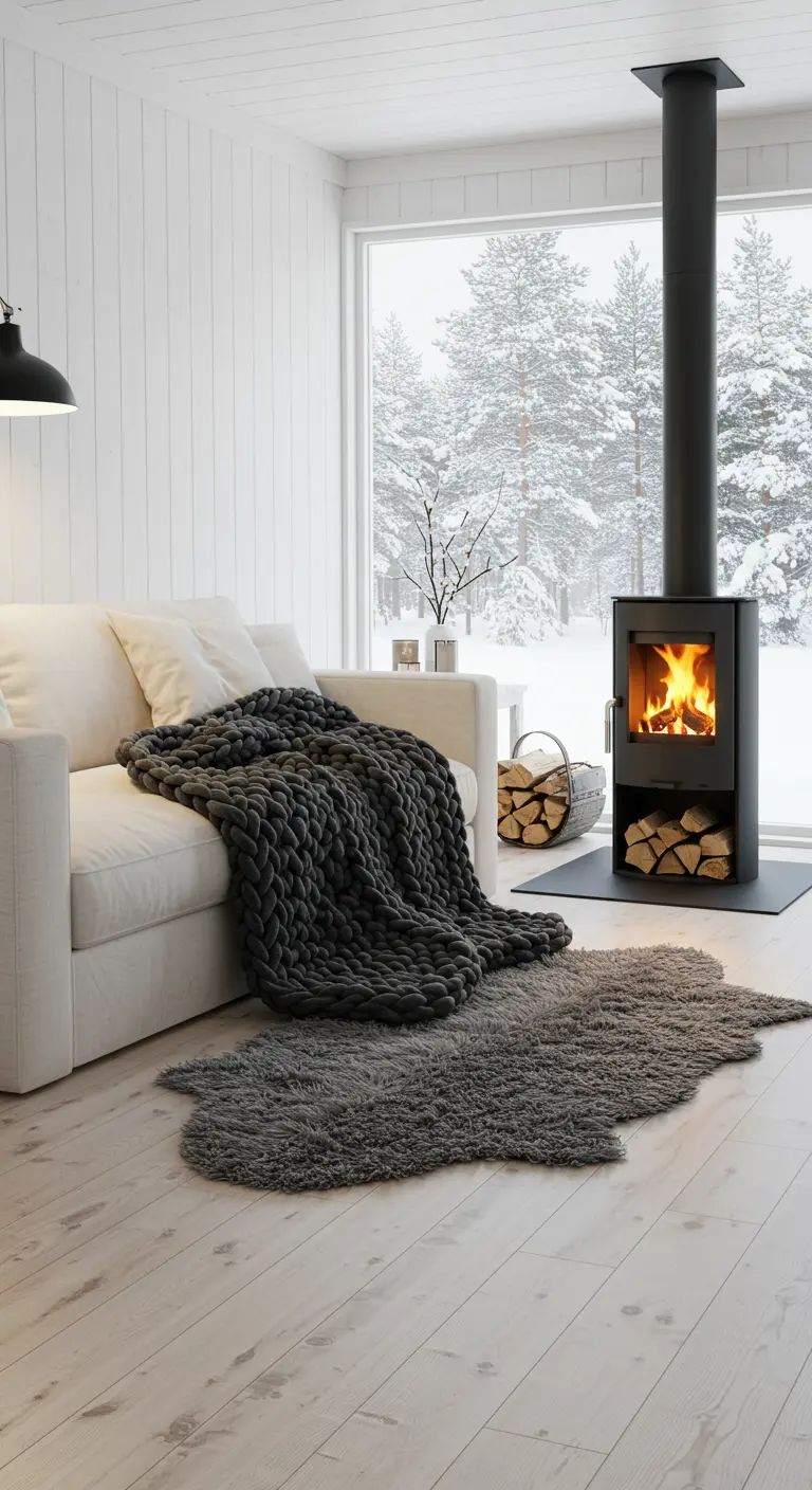 A modern black wood-burning stove stands next to a white sofa with a chunky knit throw.