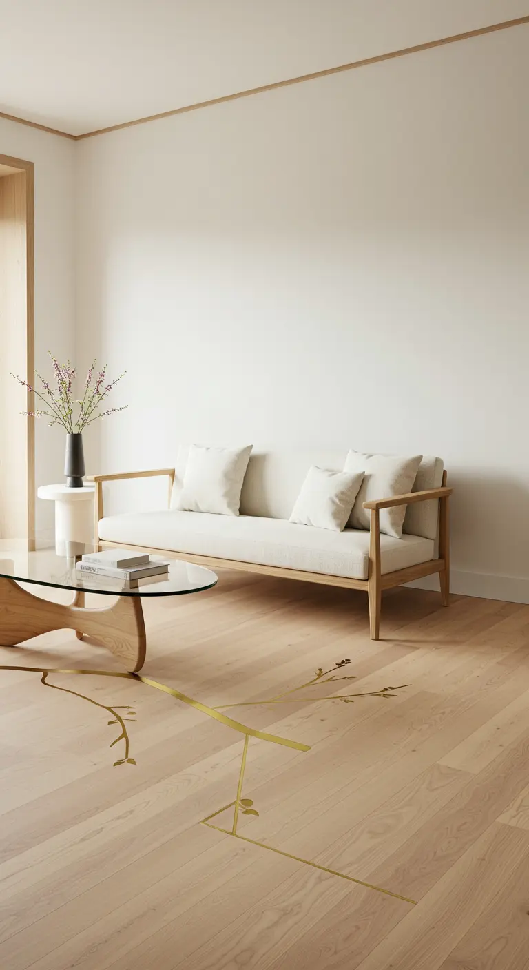 A minimalist room with a light wood floor featuring a brass inlay in the shape of a branch.