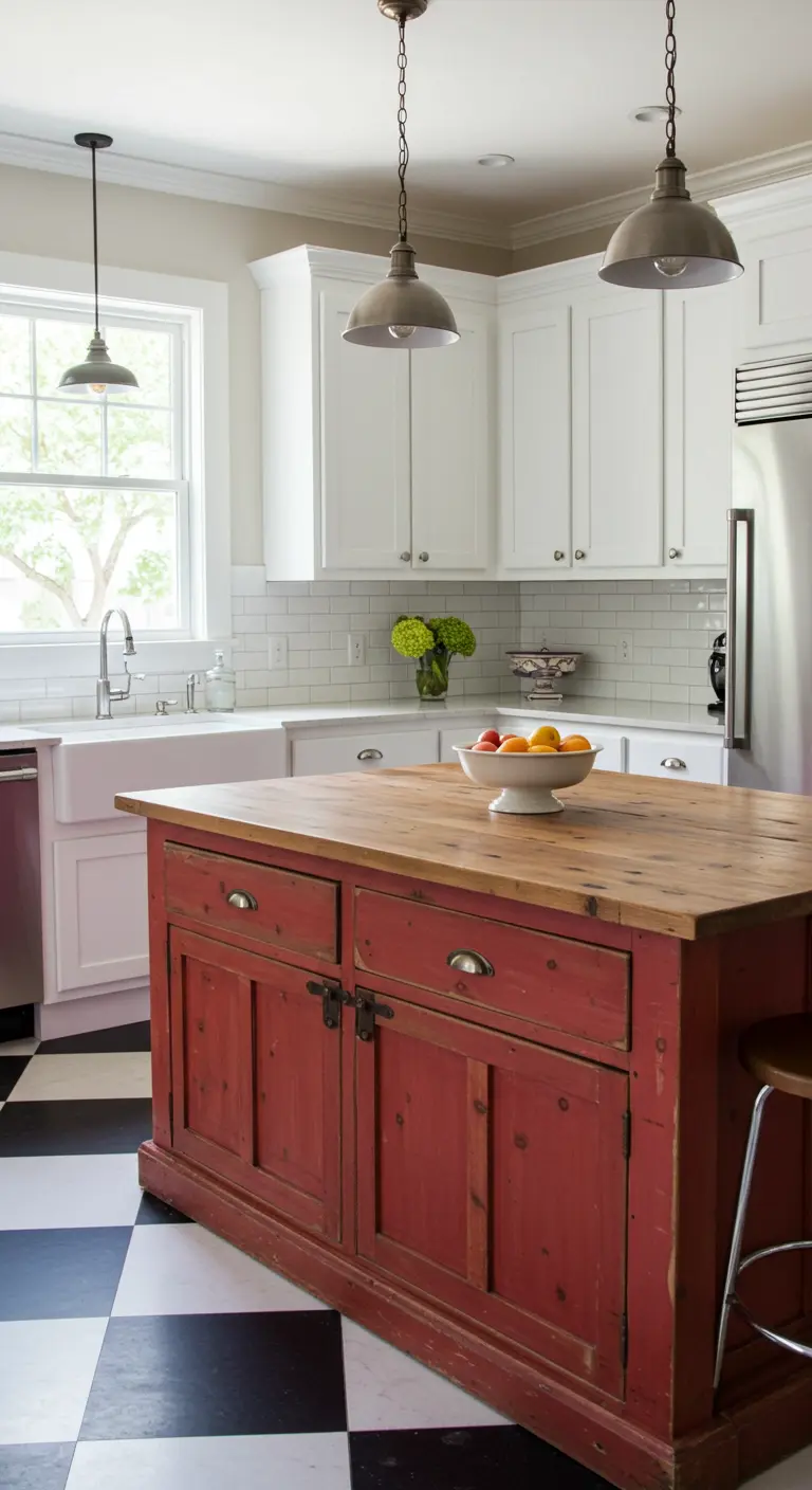 Kitchen with white cabinets, a red island, and a black and white checkerboard floor.