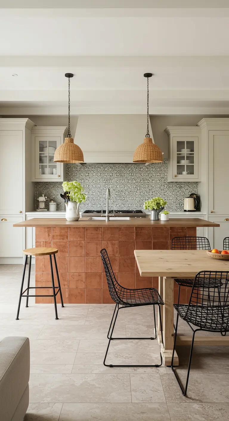 Kitchen island with a terra cotta tile front, wicker pendants, and black chairs.