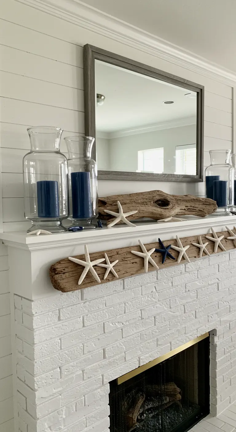 A white brick fireplace mantel decorated with driftwood, starfish, and navy candles in glass jars.