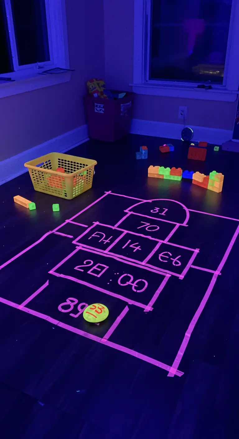 A hopscotch grid made from pink neon tape on a dark floor, with glowing building blocks nearby.