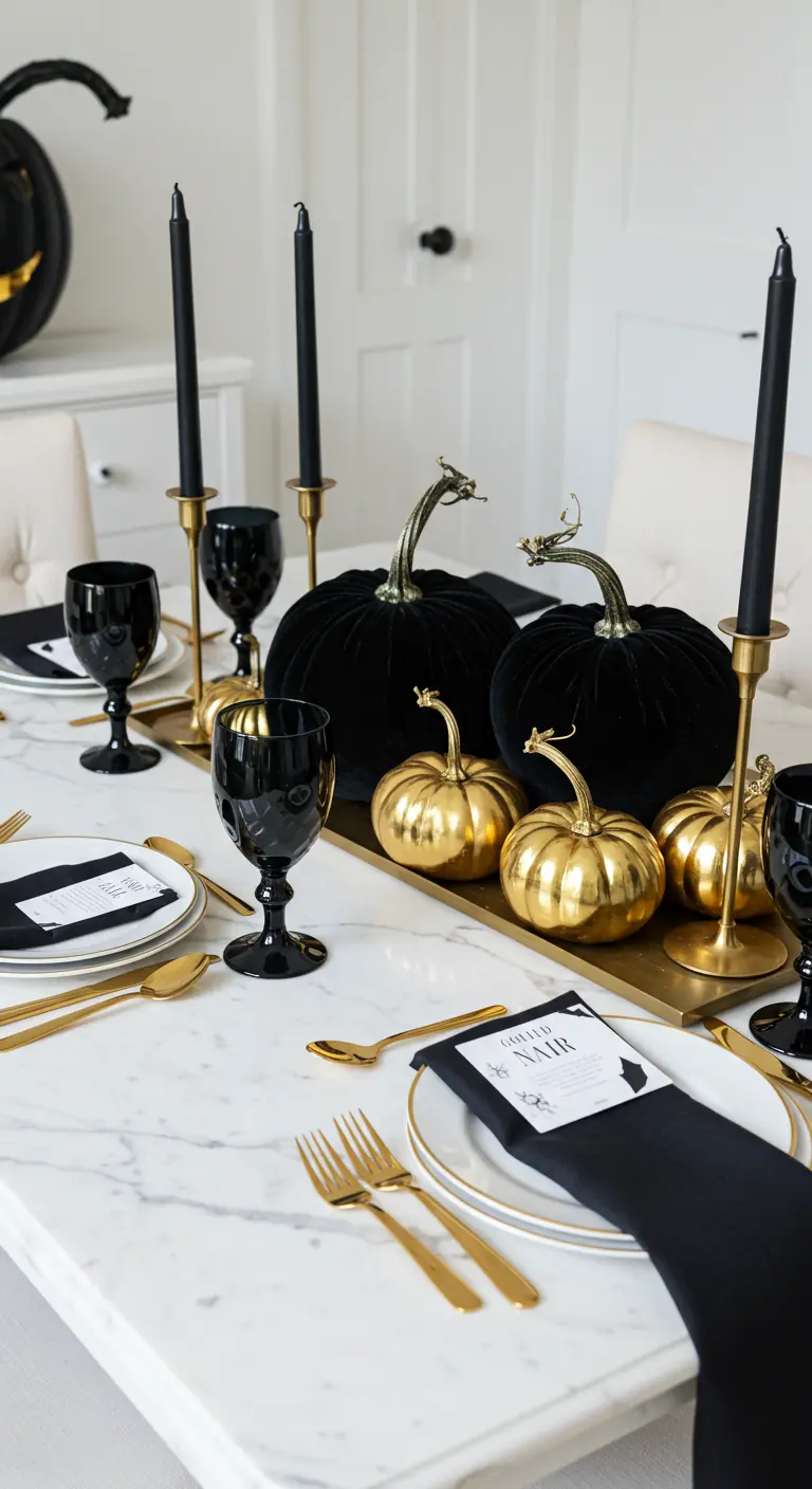 A modern marble table with black velvet pumpkins, small gold pumpkins, and gold flatware.