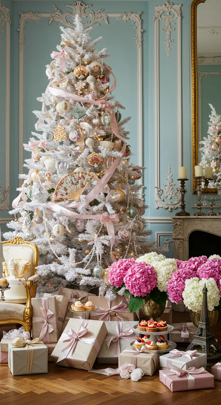 A white Christmas tree decorated with pastel pink ribbons, gold ornaments, and hydrangeas