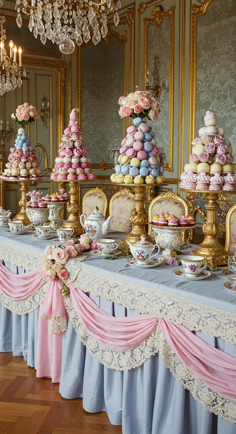 An opulent tea table with macaron towers, pink and blue draped fabrics, and gold accents.
