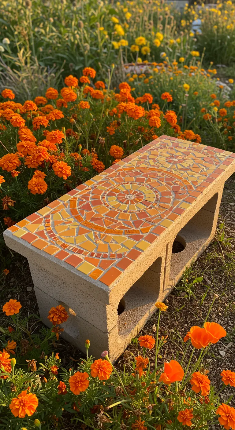 A cinder block bench with a warm orange and yellow circular mosaic, surrounded by a field of marigolds.
