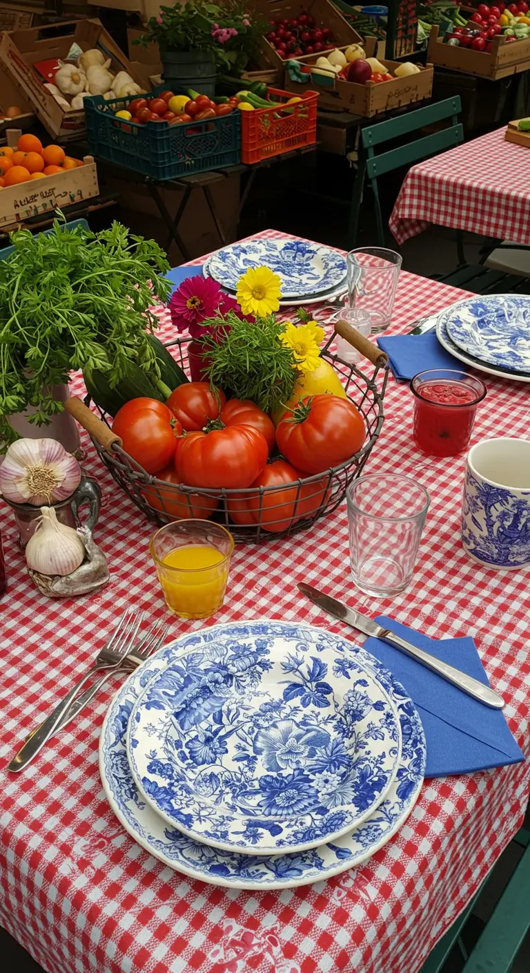 Table with a gingham cloth, basket of fresh tomatoes, and blue and white toile plates.