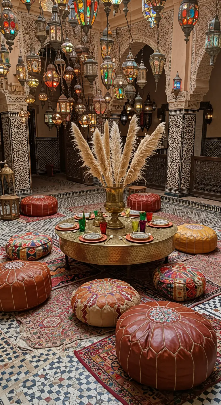 Moroccan-style courtyard with a low brass table, pampas grass, and leather poufs.