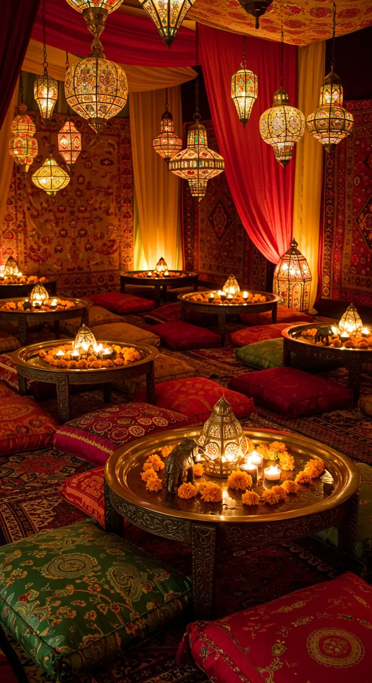 Moroccan-themed party with colorful cushions and hanging lanterns.