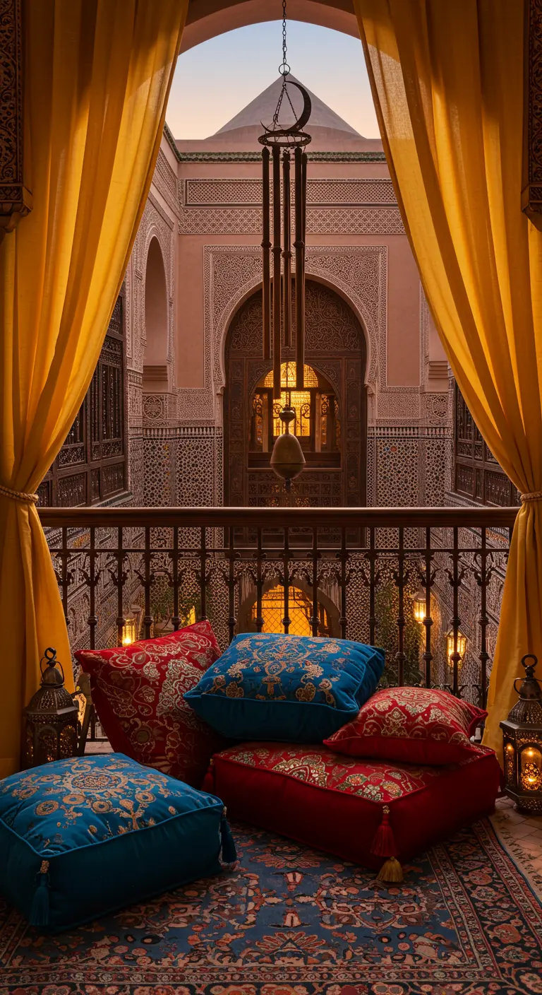 Moroccan balcony with embroidered jewel-toned pillows and a brass wind chime.