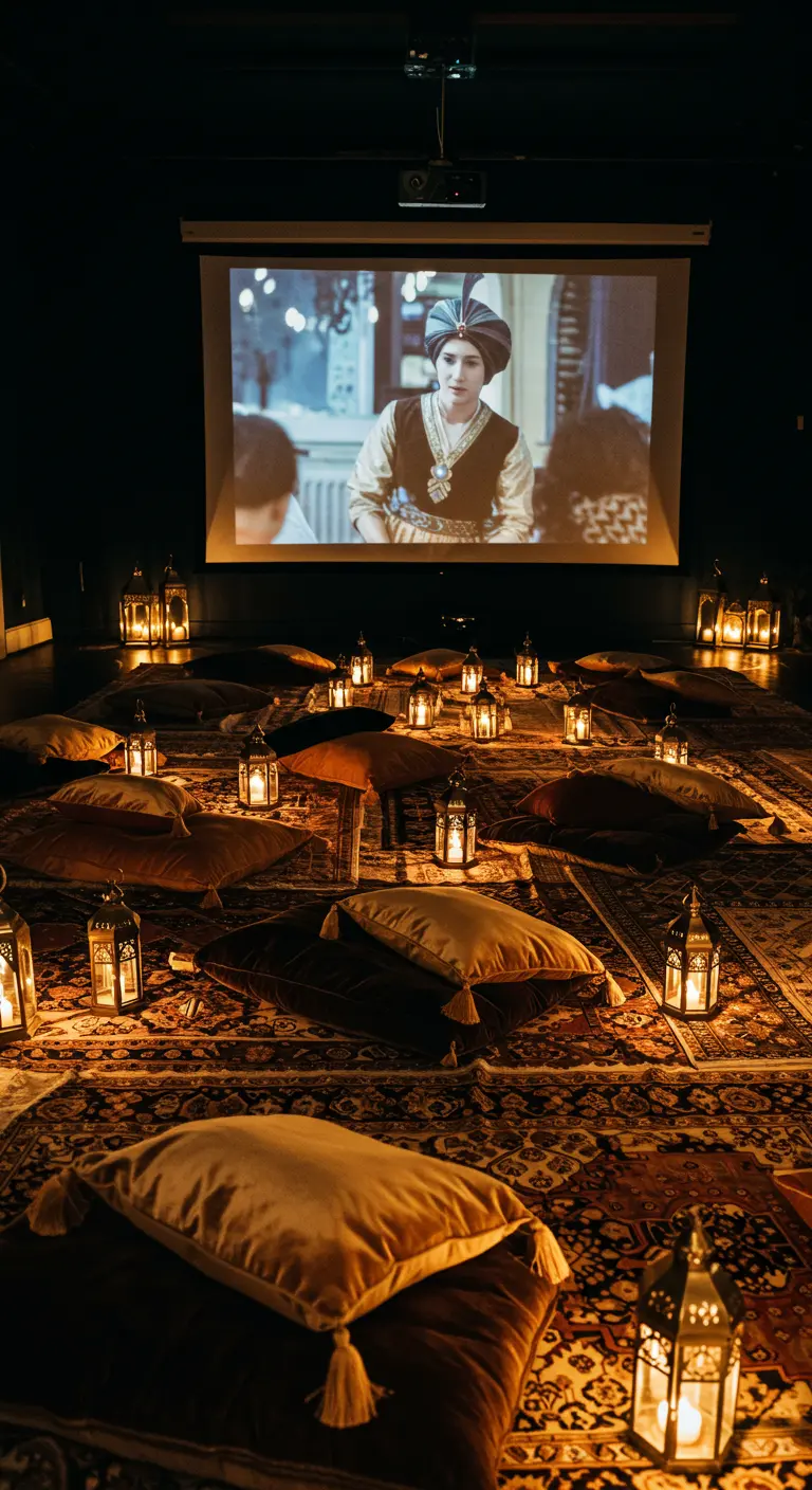 An outdoor movie night with guests seated on Moroccan rugs and pillows, lit by lanterns.