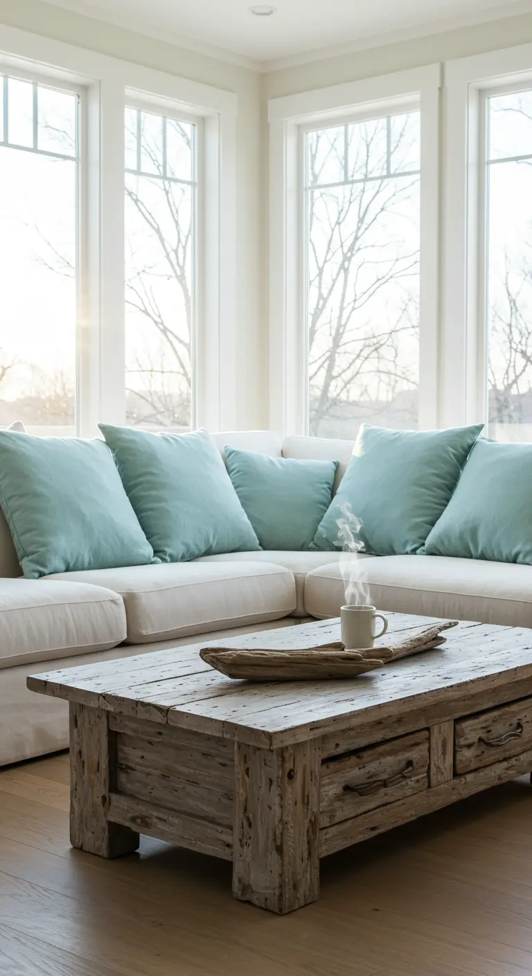 A reclaimed wood coffee table with storage drawers in a cozy living room with a white sectional.