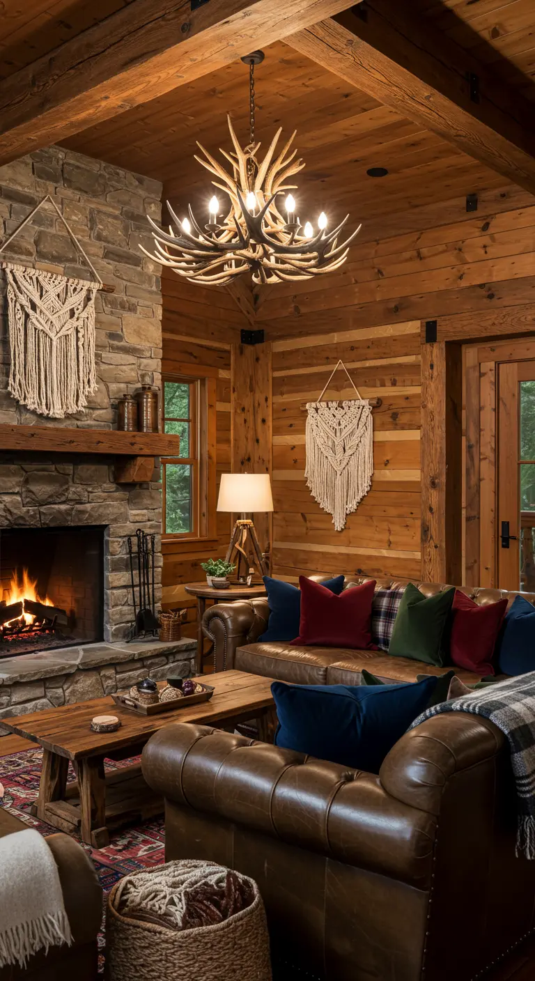 Rustic log cabin living room with a stone fireplace, leather sofa, and macramé hangings.