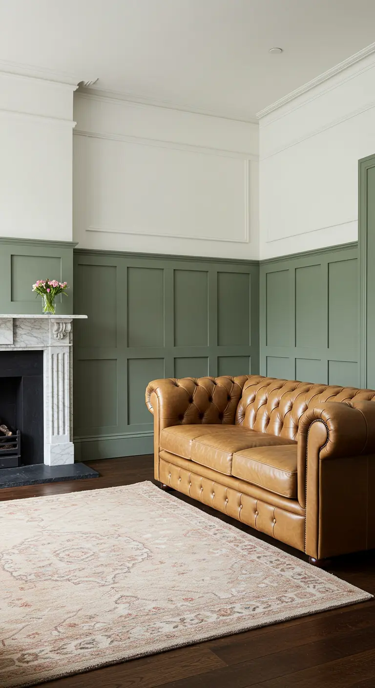 Living room with sage green wall paneling, a white marble fireplace, and a tan leather sofa.