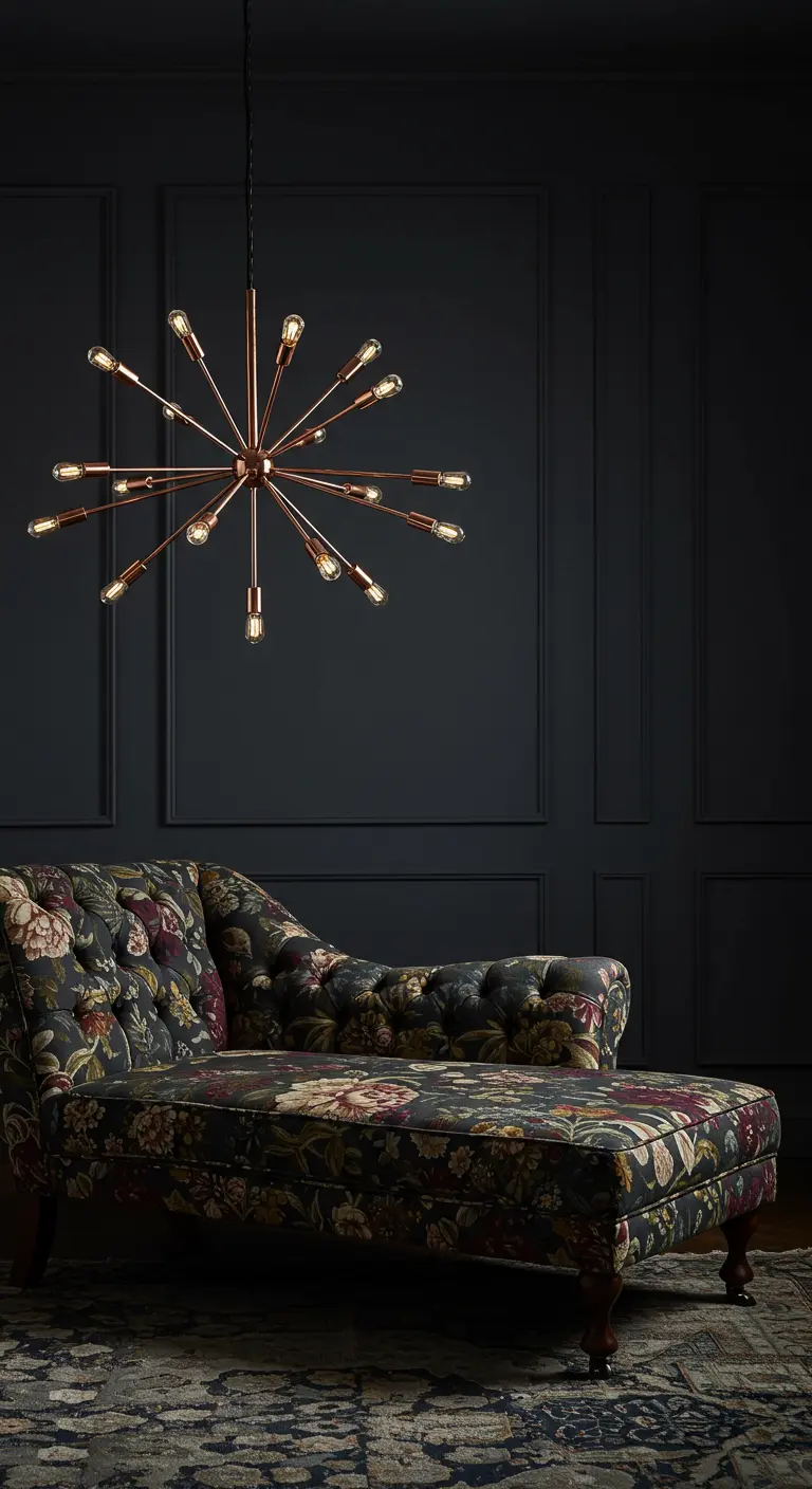 Dark room with a floral chaise lounge under a modern sputnik-style rose gold chandelier.