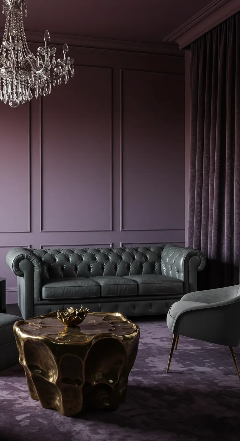 Gray chesterfield sofa in a mauve room with a crystal chandelier and gold table.