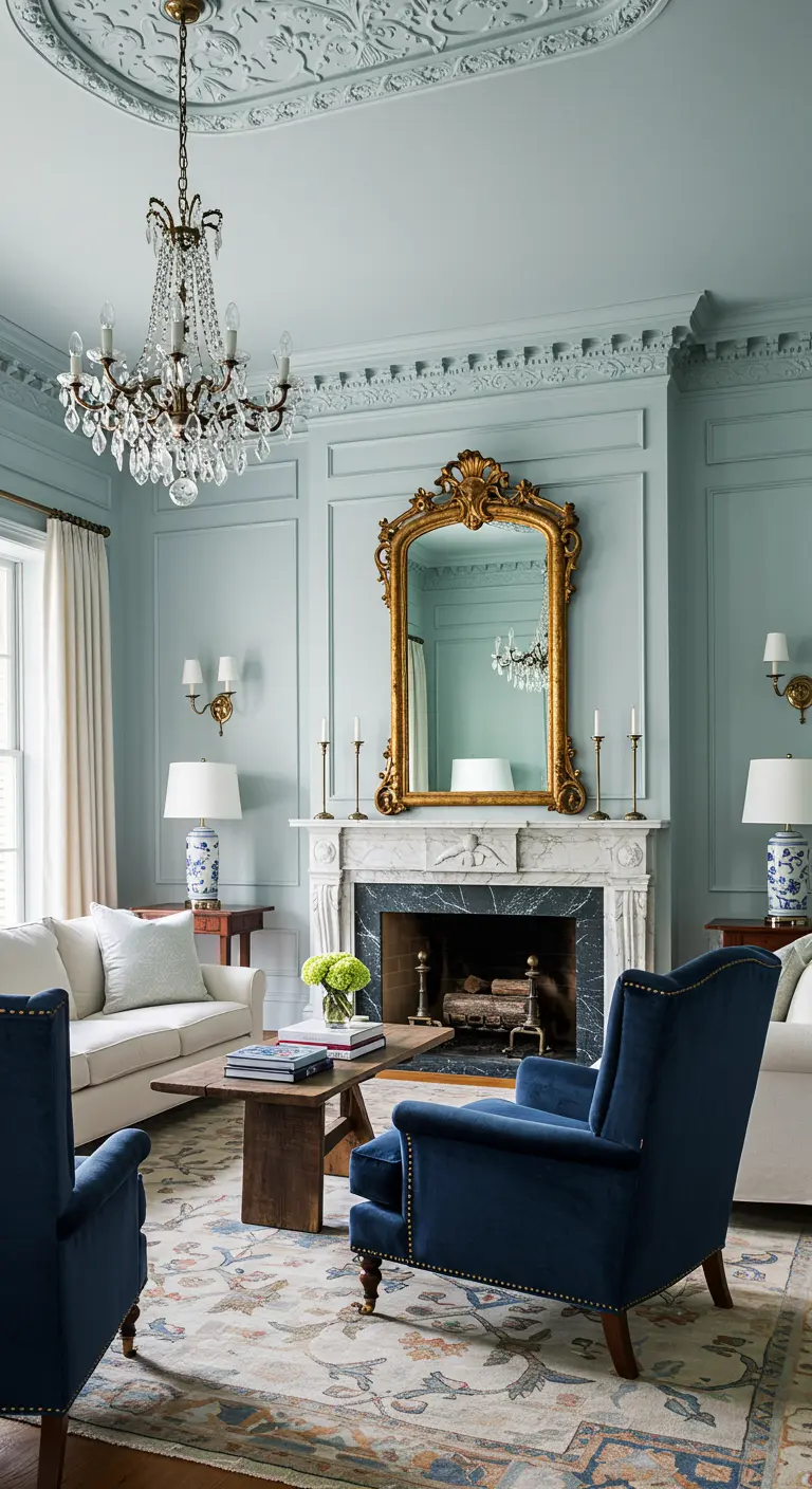 Formal living room with blue-gray walls, navy velvet chairs, and a gold ornate mirror.